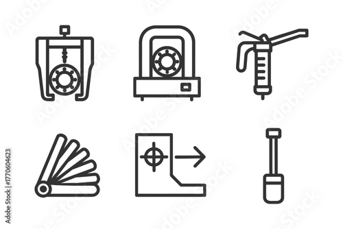 Industrial equipment icons set: gear, syringe pump, fan, precision tools outlined.
