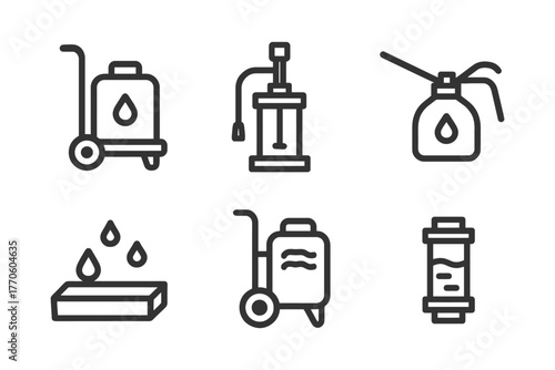 Set of hand-drawn liquid dispensing equipment icons for industrial use.