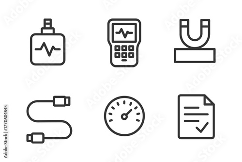 Medical equipment icons: heart monitor, pulse meter, magnet, cable, speedometer, checklist.
