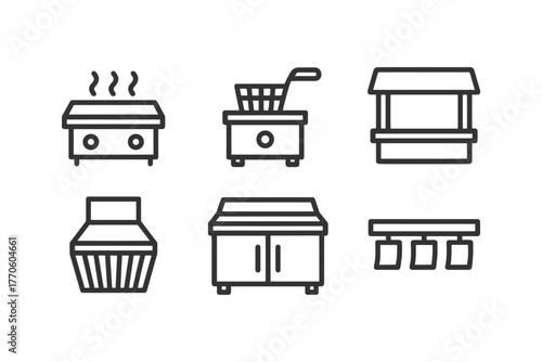 Set of six minimalist kitchen appliance icons.