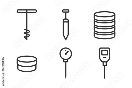Geotechnical engineering icons: auger, penetrometer, core samples, pressure gauge, soil density.