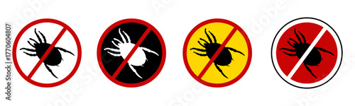 No mites. Mite vector icon, insect repellent spray sign, mite forbidden red cross circle, insects danger and control warning symbol with ant silhouette. Prohibition sign  Pest Control
