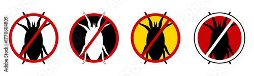 No mites. Mite vector icon, insect repellent spray sign, mite forbidden red cross circle, insects danger and control warning symbol with ant silhouette. Prohibition sign  Pest Control