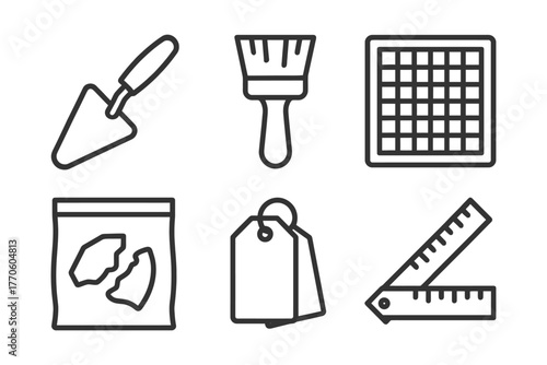 Construction tools icons: trowel, brush, grid, bag, tags, ruler.