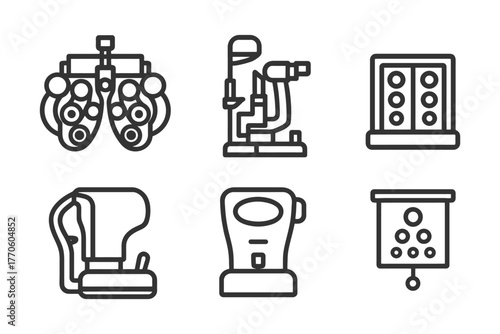 Optometry equipment icons for eye tests and vision exams.
