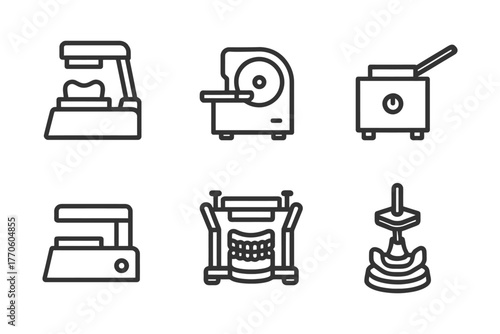 Set of six linear medical equipment icons for healthcare and diagnostics.