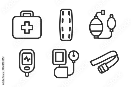 Medical equipment icons: first aid, cactus, resuscitator, glucose reader, blood pressure monitor, tourniquet.