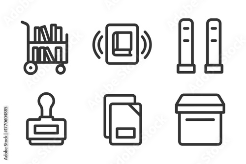Library icons: cart, scanner, security gates, stamp, files, archive box.