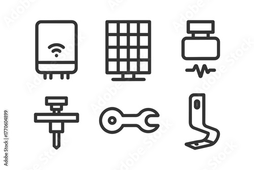 Smart home technology icons: heater, solar panel, sensor, drill, wrench, hook.