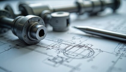 Metal machine parts lay on detailed technical blueprints. Precision components for engineering and manufacturing projects. A silver pen rests on the schematic diagram.
