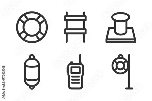 Nautical icons set: lifebuoy, ladder, bollard, buoy, radio, life preserver.