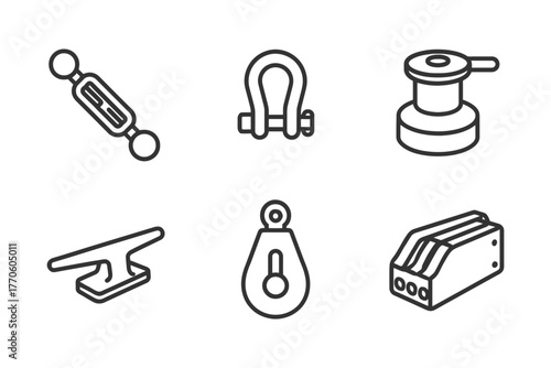 Nautical equipment icons: turnbuckle, shackle, winch, cleat, pulley, block.