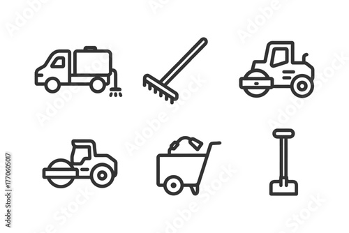 Construction and maintenance equipment icons set featuring trucks rollers and tools.