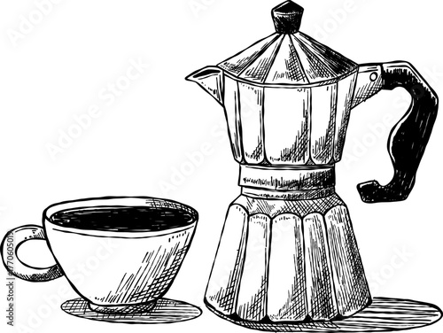 Sketchy moka pot espresso illustration. hand drawn moka pot espresso. coffee maker.