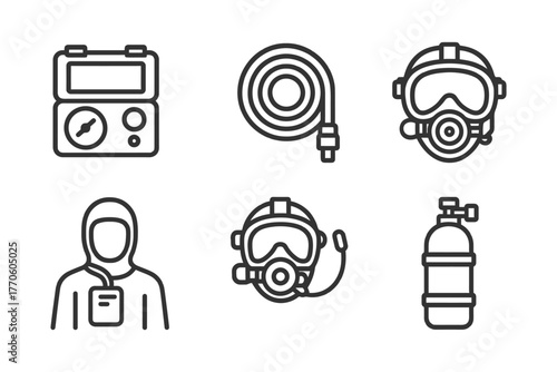 Collection of firefighting equipment icons: gas mask, fire hose, breathing apparatus, protective suit.