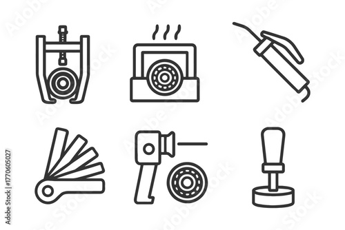 Set of industrial icons featuring tools and equipment in simple line art style.