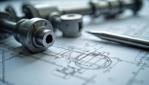 Metal machine parts lay on detailed technical blueprints. Precision components for engineering and manufacturing projects. A silver pen rests on the schematic diagram.