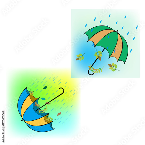 Umbrella, rain, wind on colorful background two sign