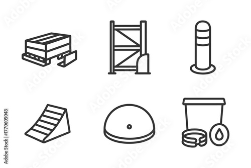 Line icons of parkour equipment and accessories on white background.