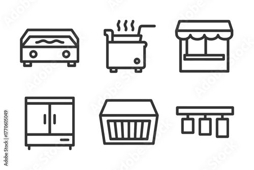 Minimalist line icons of kitchen and market equipment on white background.