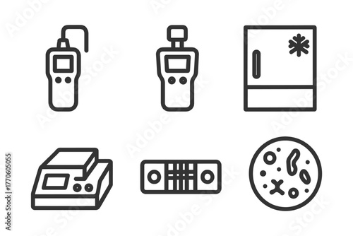 Lab equipment icons: thermometer, incubator, microscope, centrifuge, petri dish.