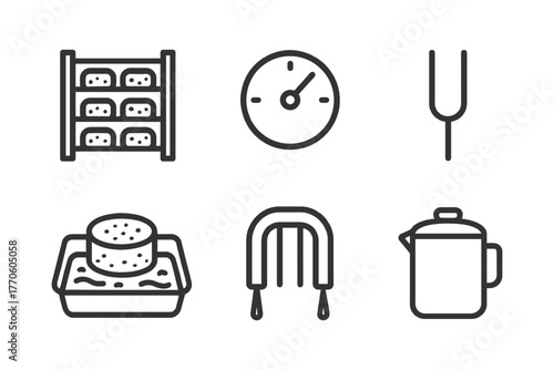 Minimalist icons: bread rack, timer, tuning fork, sponge, horseshoe magnet, coffee pot.