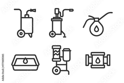 Oil and fluid equipment icons - pump, nozzle, container illustrations for industrial use.