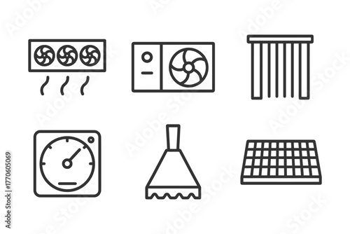 Air conditioning system icons: fans, vents, thermostat, exhaust, grille elements.