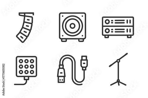 Audio equipment icons: speaker, amplifier, microphone, usb cable, dj mixer.