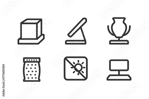 Minimalist icon set: cube, stand, vase, salt shaker, sun, monitor.