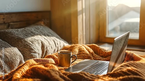 Cozy Morning Scene with Laptop and Mug on Bedside in Warm Sunlight