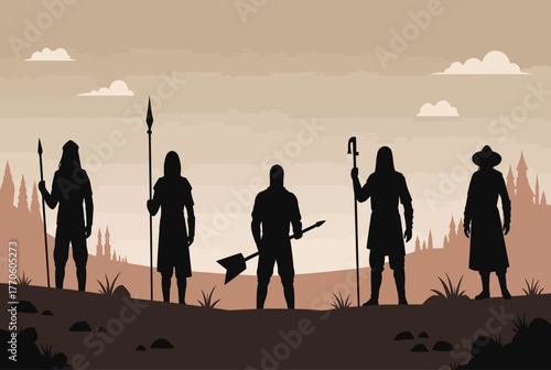 Silhouetted warriors stand together against a desert landscape at dusk