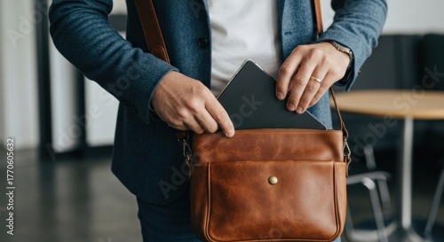 A man in a jacket is putting a tablet into a tan leather messenger bag