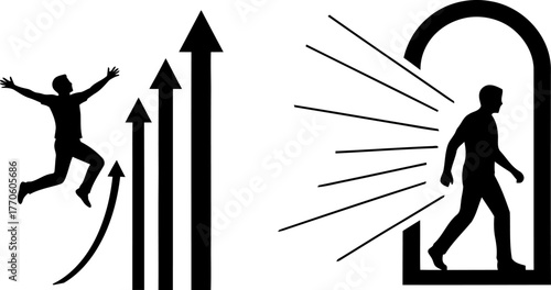 Silhouette of a person leaping upwards towards success and entering a bright archway