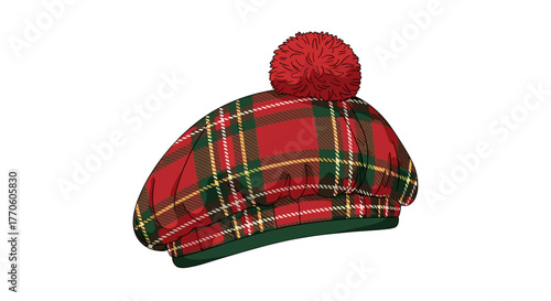 Tartan woolen hat with pompom in red and green colors, representing Hogmanay  