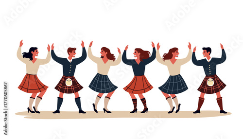 People dancing in traditional Scottish attire celebrating   Hogmanay 