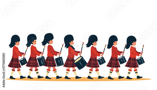 Young girls marching in uniform playing drums for Hogmanay  