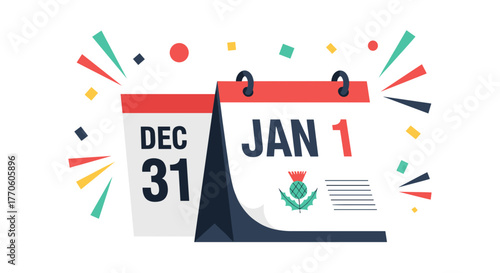 The calendar pages turn from December 31 to January 1 for Hogmanay. 