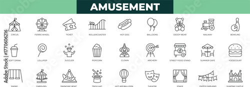 Amusement park minimal thin line icon.pictogram, play, popcorn, ride, roller, show,  tent, train, wheel icons collection