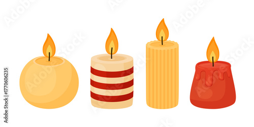 Burning candles set. Hand drawn trendy flat style isolated. Different wax candles. Ideal for web graphic, design, poster, tattoo, stickers. Relaxation, resting and aromatherapy. Vector illustration