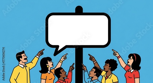 Retro Public Service Announcement Vector Illustration with People Pointing to Blank Sign