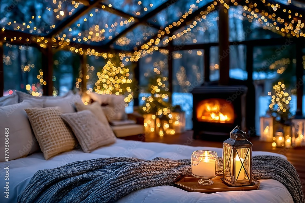 Obraz premium Ambiente acogedor de celebración navideña y de fin de año con luces brillantes y chimenea