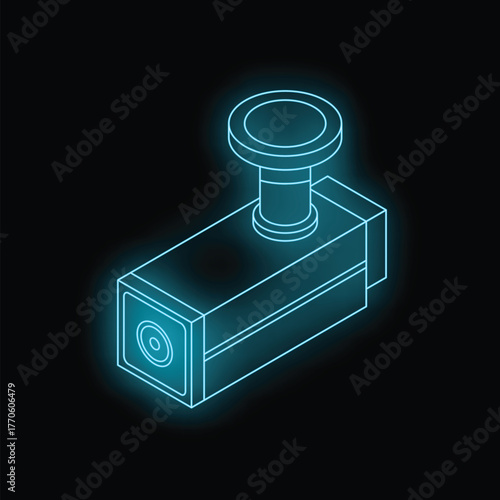 Neon cctv camera glowing on dark background, concept of video surveillance and security