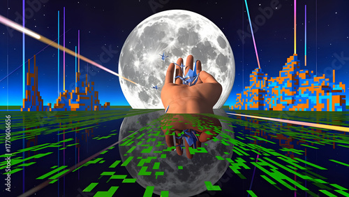 Wallpaper Mural A surreal scene depicting a giant minimalist hand extending from a crystalline moon, cradling delicate origami birds made of shimmering metal. The ground reflects a pixelated landscape of vibrant colo Torontodigital.ca