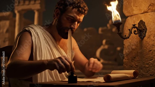 Historical Scholar Writing in Ancient Library at Dusk