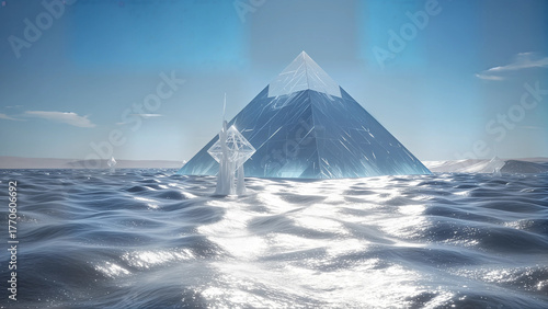 Wallpaper Mural A surreal minimalistic photograph of a gigantic, translucent pyramid resting on an endless expanse of shimmering silver sands, illuminated by an eerie bioluminescent glow. Strange, geometric shadows d Torontodigital.ca
