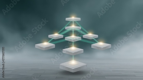 Stylized Visual of Blockchain Network Layers with Illuminated Nodes Representing Smart Business Model Concept