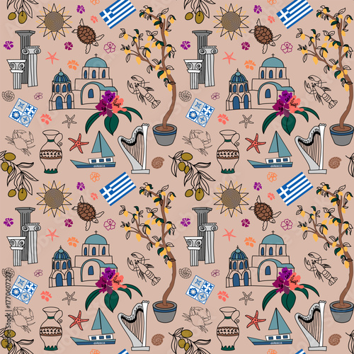 Vector seamless pattern with Greek columns, olives, lemons, amphorae, sea life, and floral motifs. Inspired by Mediterranean summer. Great for textiles, wrapping, and souvenirs.