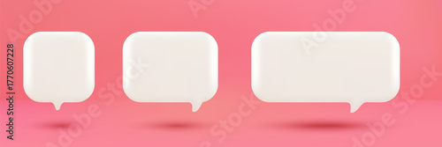 Set of 3D cute white square speech bubble icons, isolated on pink pastel background. 3D Chat icon set