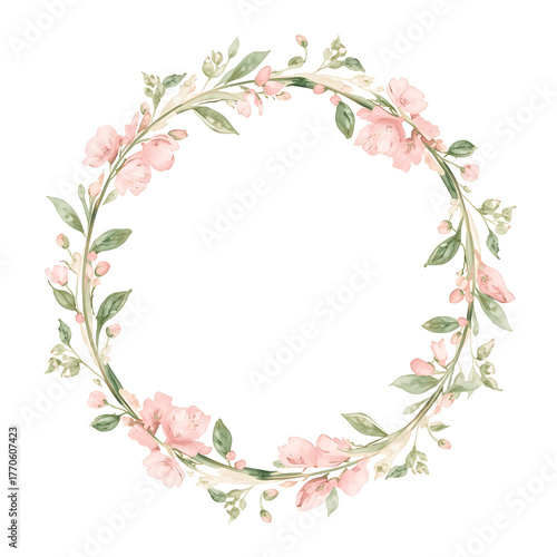 A delicate watercolor floral wreath featuring soft pink flowers and green leaves arranged in a circular pattern, set against a white background. The design presents a light, airy feel with pastel tone